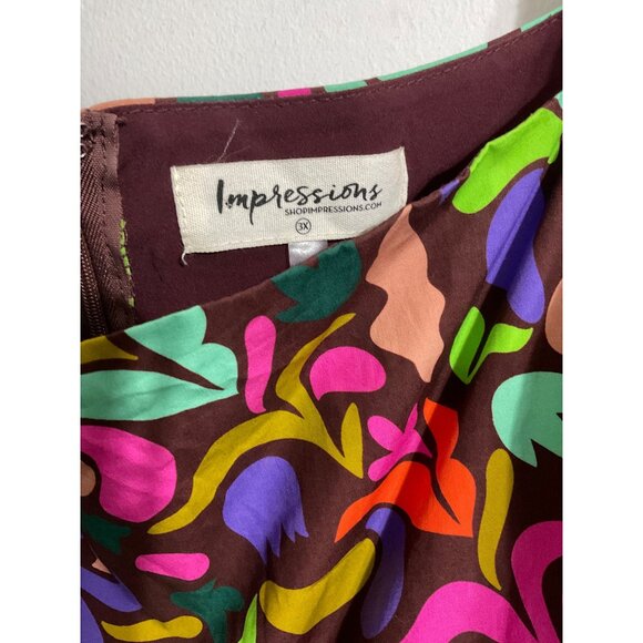 IMPRESSIONS Plus Size Babydoll Printed Colorful Puff Sleeve Brown Dress size 3X - Picture 6 of 15